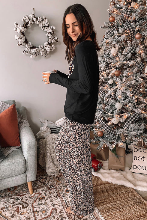 Leopard Heart Print Long Sleeve Top And Pants Loungewear